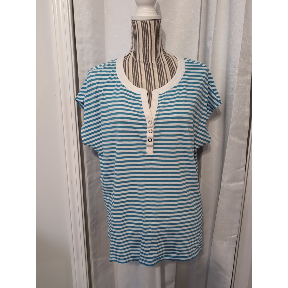 Lauren Active Ralph Lauren Women's Striped  Top White & Turquoise Button Henley‎
